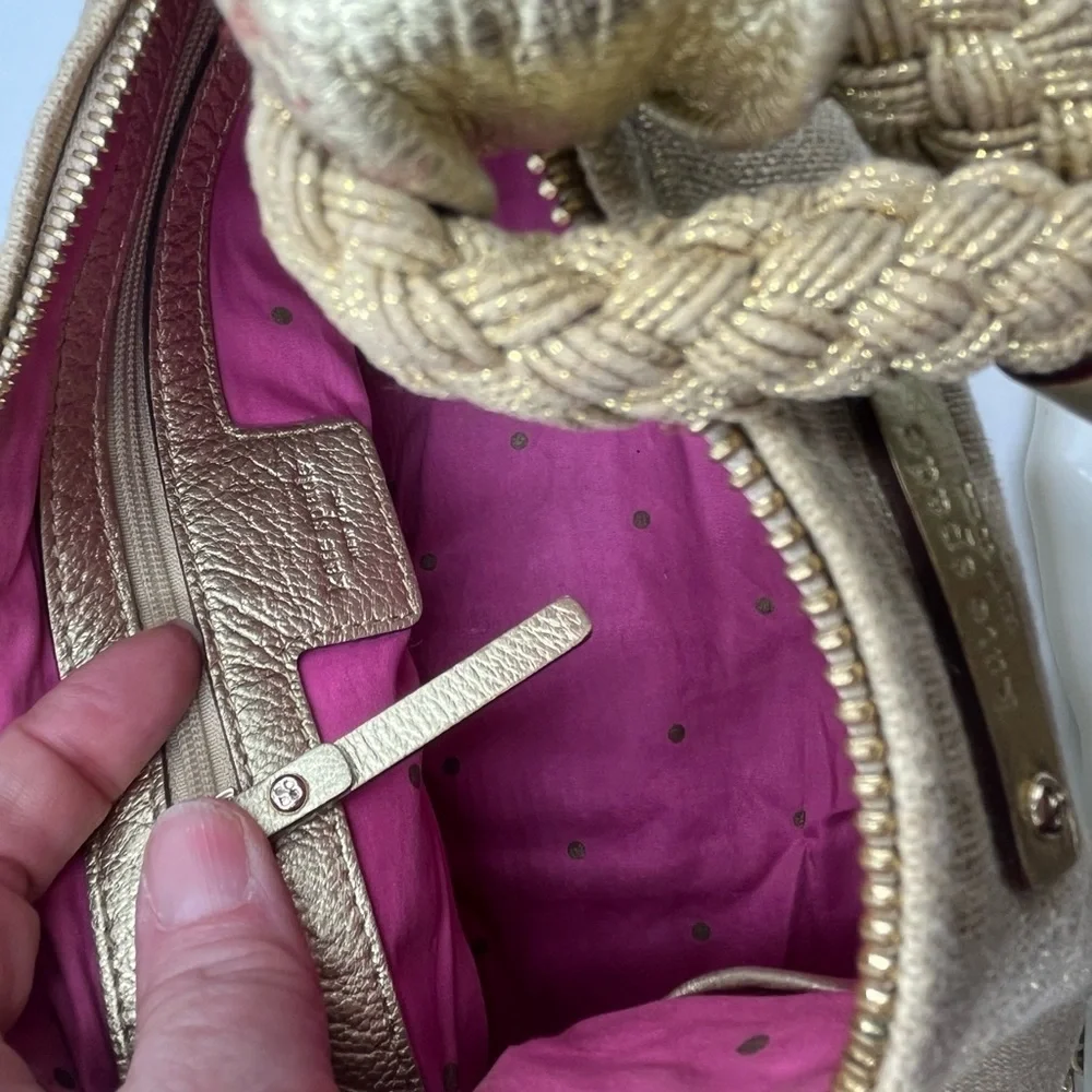 Authenticated Kate Spade Gold Metallic Glitter Canvas Leather Gabi Avalon Hobo‎